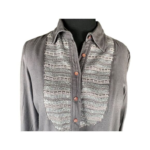 Sacred threads gray sequin button up long sleeve free size hi low blouse - Picture 2 of 7